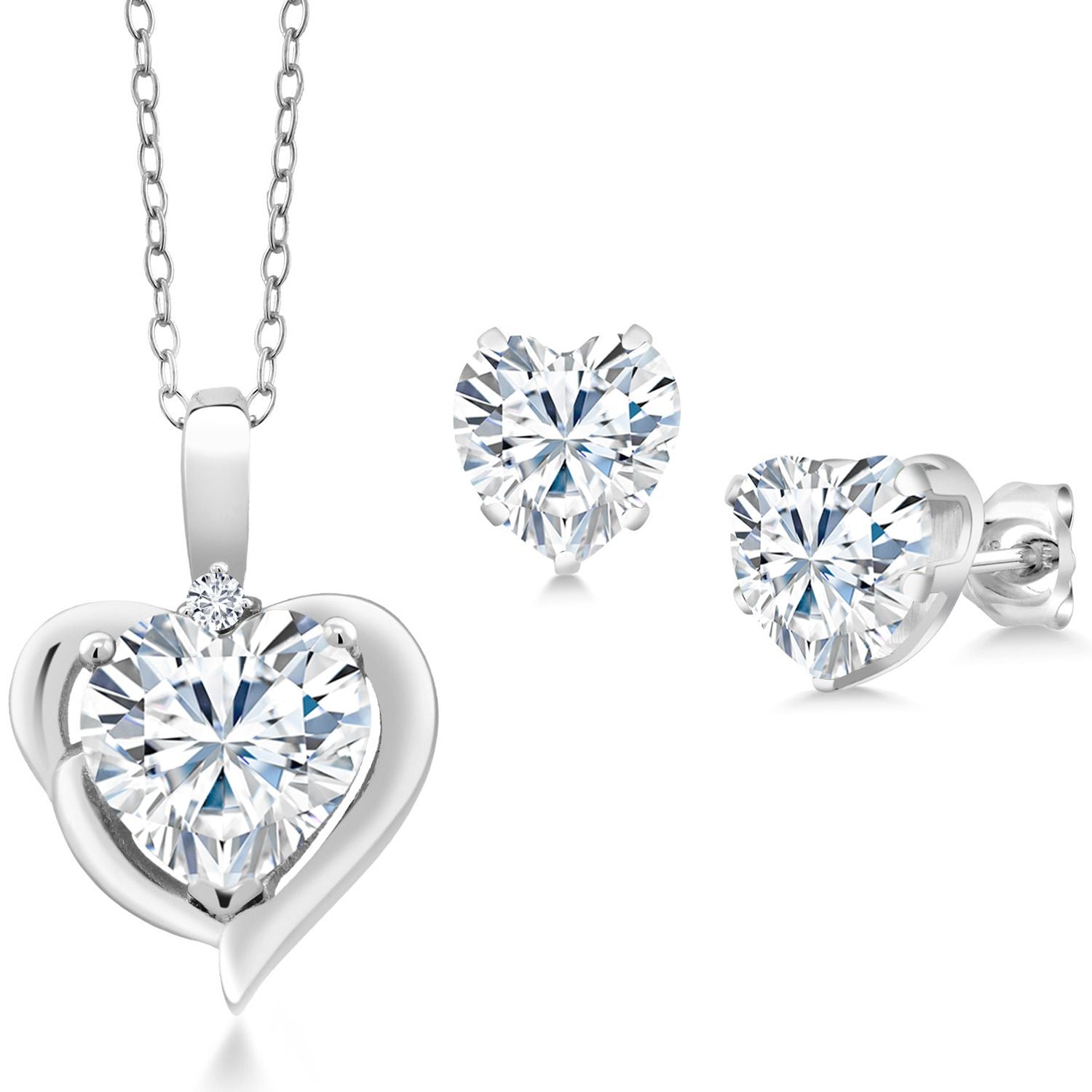 925 Sterling Silver White Moissanite and White Lab Grown Diamond Pendant Necklace Earrings Set For Women (3.42 Cttw, Heart Shape 8MM and 6MM, with 18 Inch Chain)