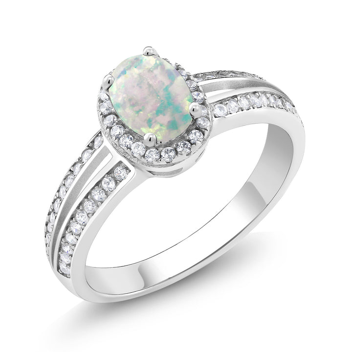White Simulated Opal-Cabochon - October_5_Ring in 925 Sterling Silver