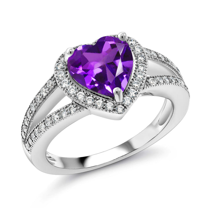 8MM Heart Gemstone Birthstone and White Moissanite Halo Ring For Women | 925 Sterling Silver | Jewelry for Anniversary Wedding Engagement Promise