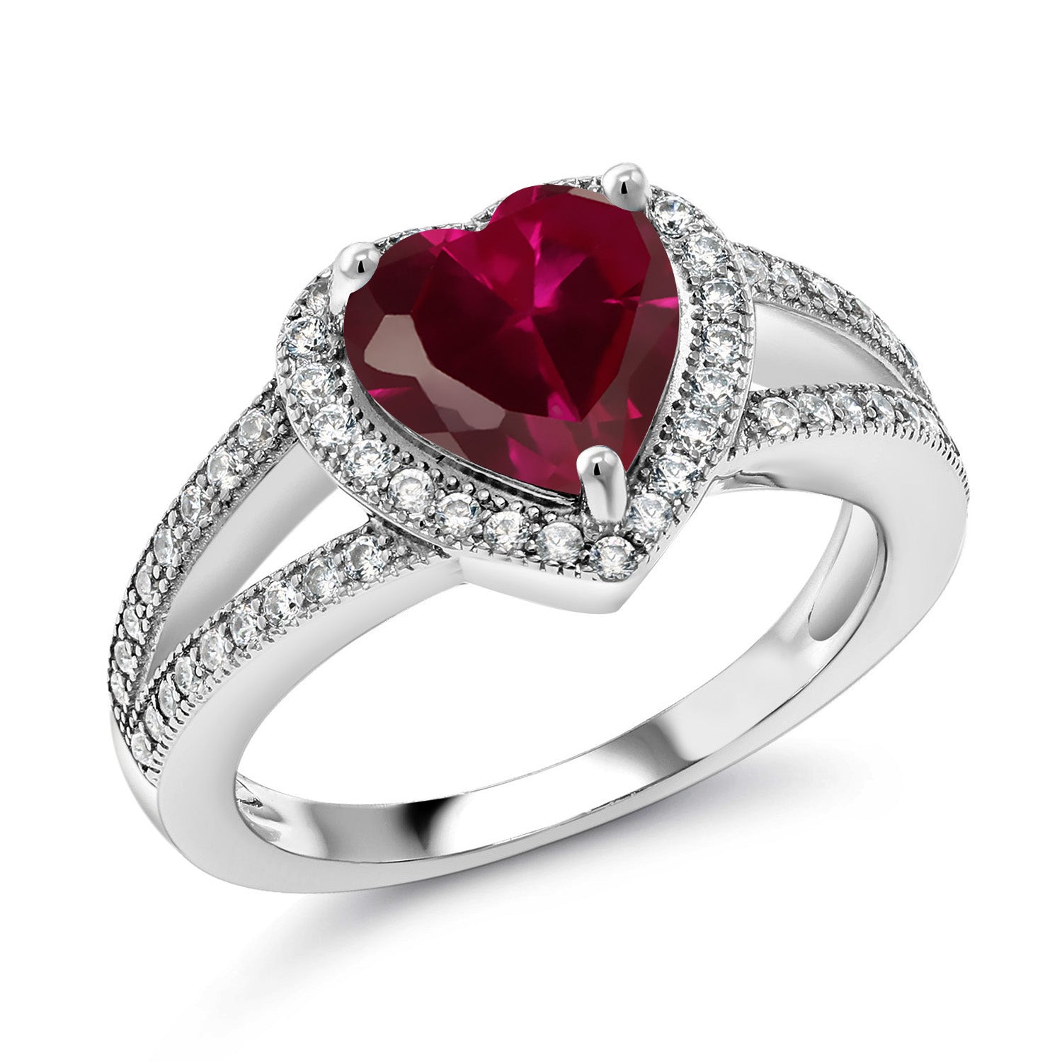 925 Sterling Silver Red Created Ruby and White Moissanite Ring For Women (2.41 Cttw, Gemstone July Birthstone, Heart Shape 8MM, Available In Size 5,6,7,8,9)