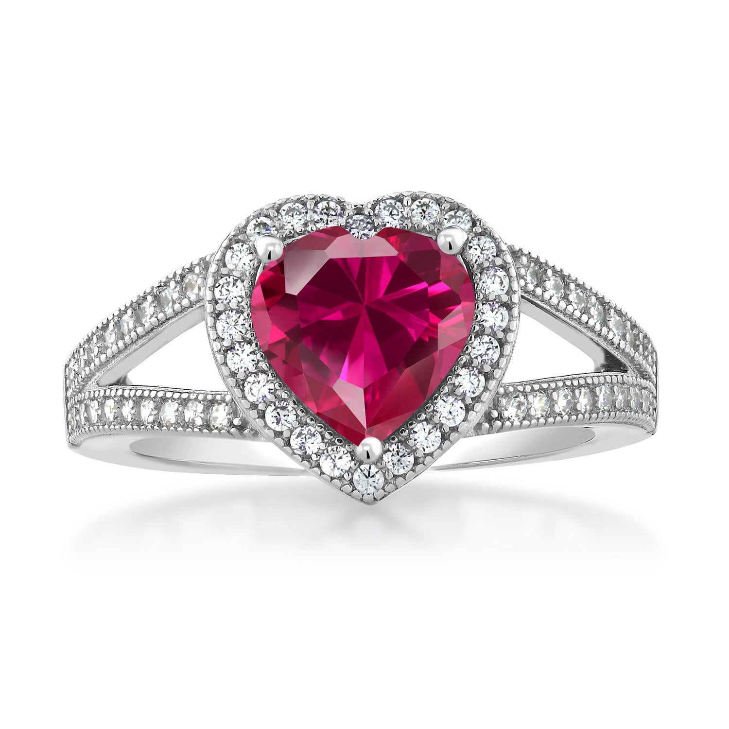 925 Sterling Silver Red Created Ruby and White Moissanite Ring For Women (2.41 Cttw, Gemstone July Birthstone, Heart Shape 8MM, Available In Size 5,6,7,8,9)