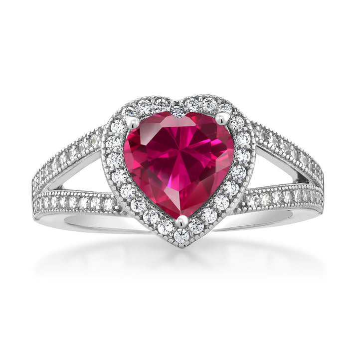 925 Sterling Silver Red Created Ruby and White Moissanite Ring For Women (2.41 Cttw, Gemstone July Birthstone, Heart Shape 8MM, Available In Size 5,6,7,8,9)