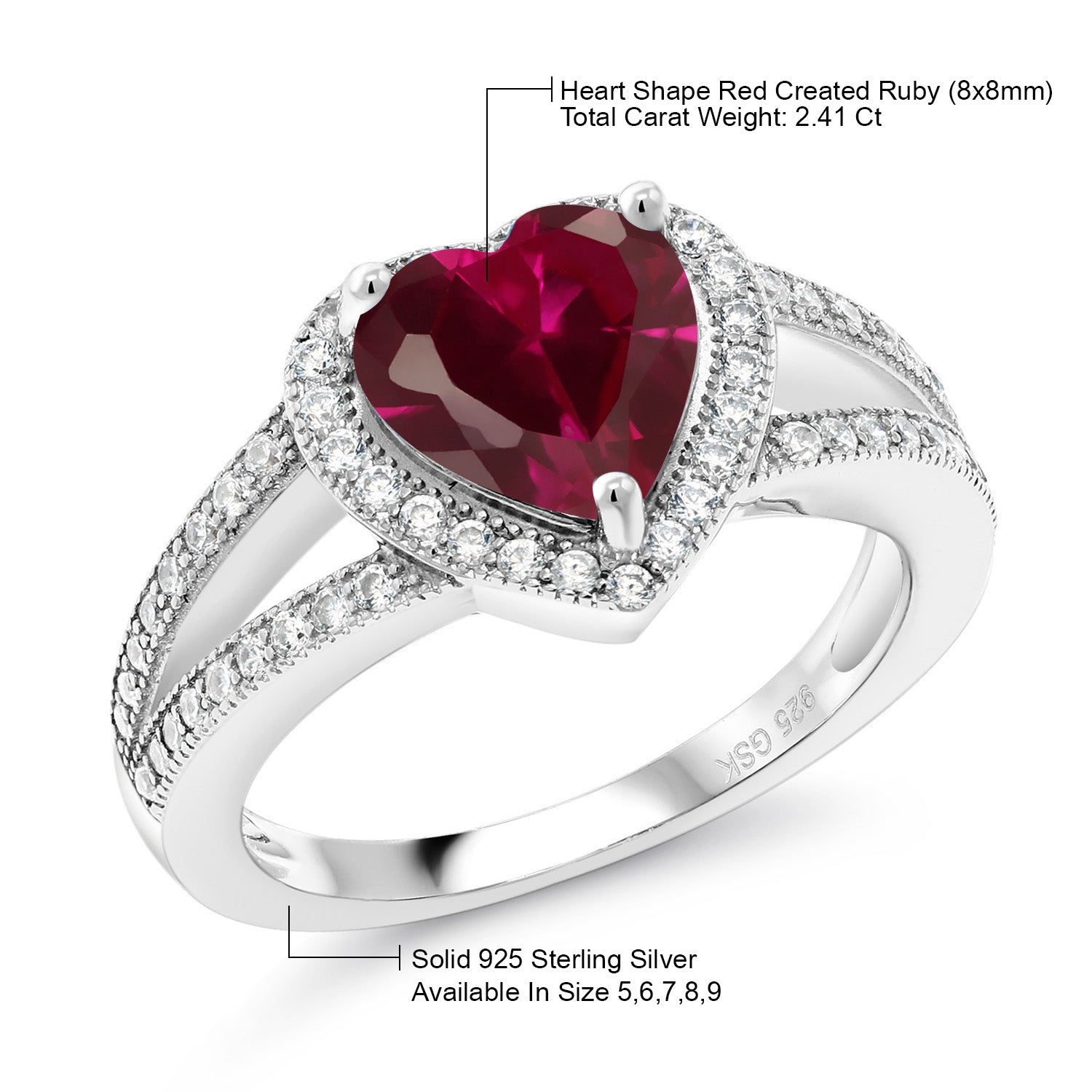 925 Sterling Silver Red Created Ruby and White Moissanite Ring For Women (2.41 Cttw, Gemstone July Birthstone, Heart Shape 8MM, Available In Size 5,6,7,8,9)