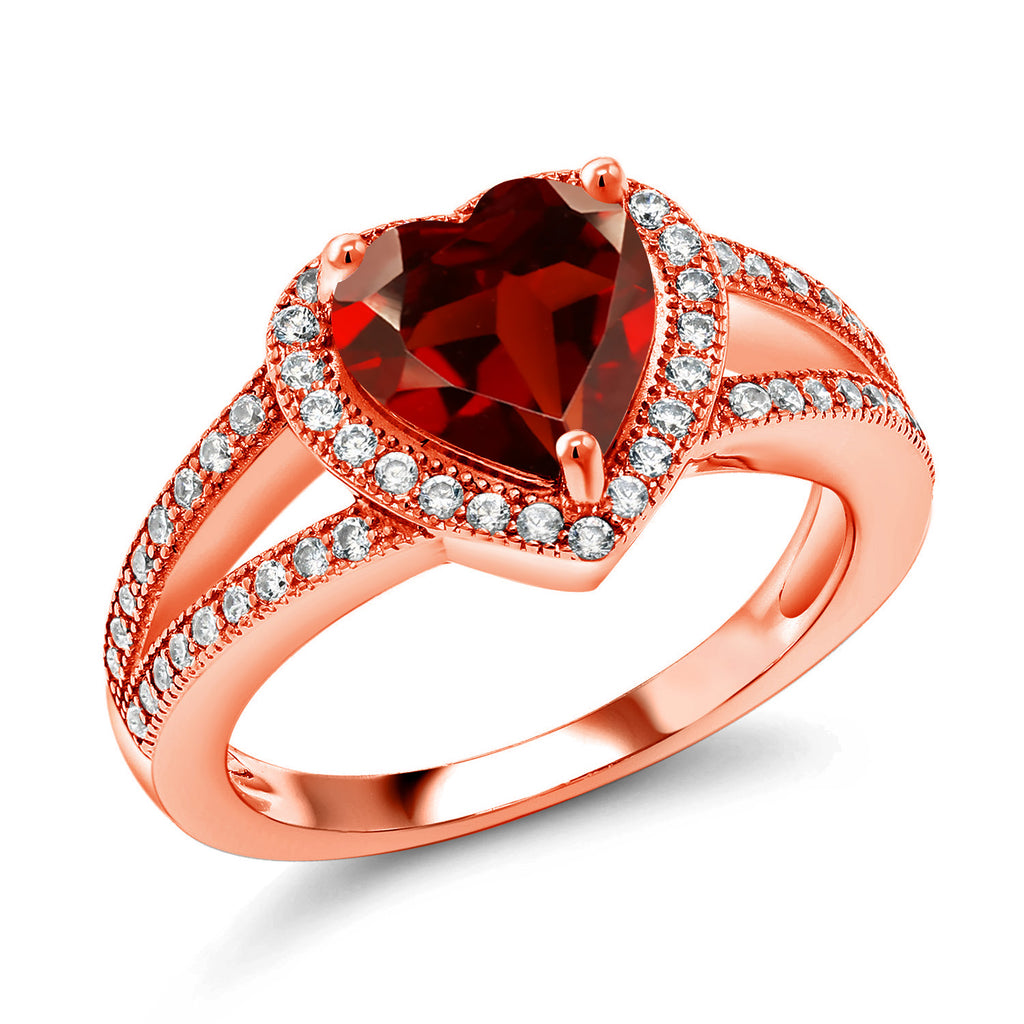 Gem Stone King 18K Rose Gold Plated Silver 8MM Heart Gemstone Birthstone and White Moissanite Accents Halo Ring for Women | Elegant Split Shank Design | Fine Jewelry for Anniversary Wedding Engagement Promise