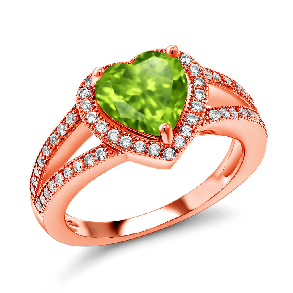 Gem Stone King 18K Rose Gold Plated Silver 8MM Heart Gemstone Birthstone and White Moissanite Accents Halo Ring for Women | Elegant Split Shank Design | Fine Jewelry for Anniversary Wedding Engagement Promise