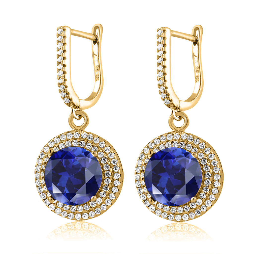 Blue Created Sapphire - September_Earrings in 925 Yellow Gold Plated Silver