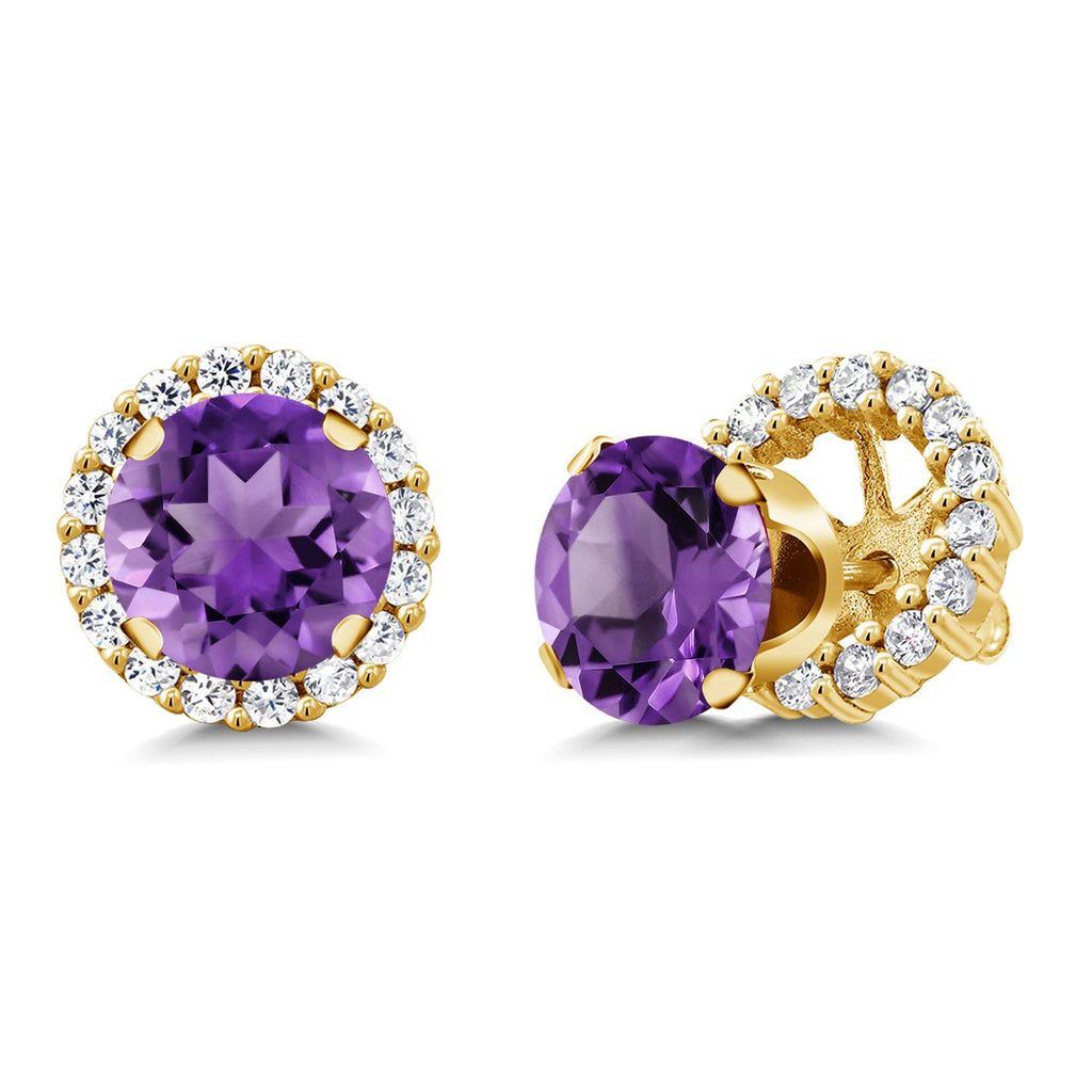 Gem Stone King 18K Yellow Gold Plated Silver Stud Earrings with Removable Jackets | Gemstone Birthstone | Round 7MM | Gold Earrings For Women