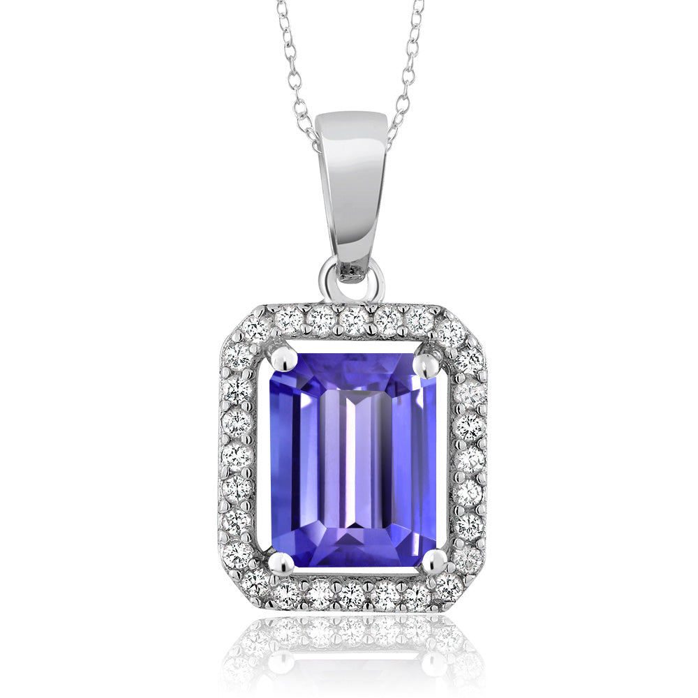 Gem Stone King 2-4 Cttw Halo Pendant Necklace for Women | 925 Sterling Silver | Gemstone Birthstone Halo Necklace | Emerald Cut 9X7MM | With 18 Inch Silver Chain