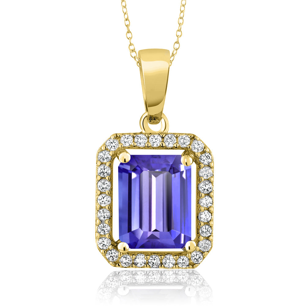 Gem Stone King 18K Yellow Gold Plated Silver Gemstone Birthstone Halo Necklace | Emerald Cut 9X7MM | Halo Pendant Necklace for Women | with 18 Inch Silver Chain
