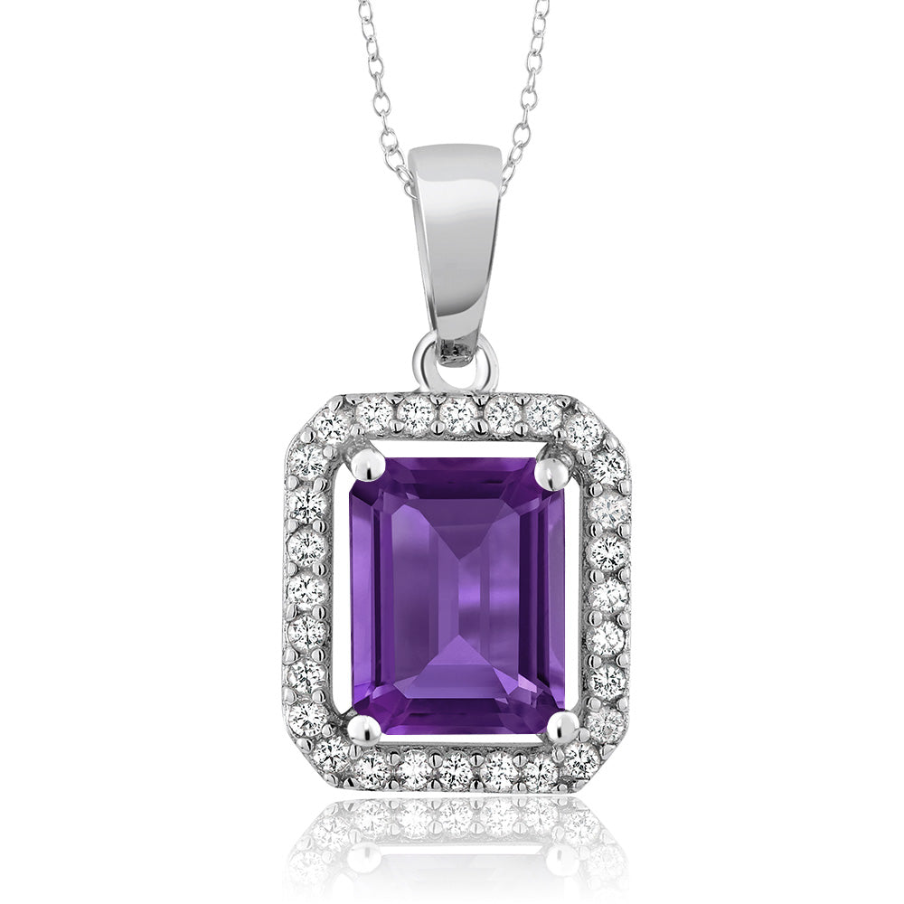 Gem Stone King 2-4 Cttw Halo Pendant Necklace for Women | 925 Sterling Silver | Gemstone Birthstone Halo Necklace | Emerald Cut 9X7MM | With 18 Inch Silver Chain