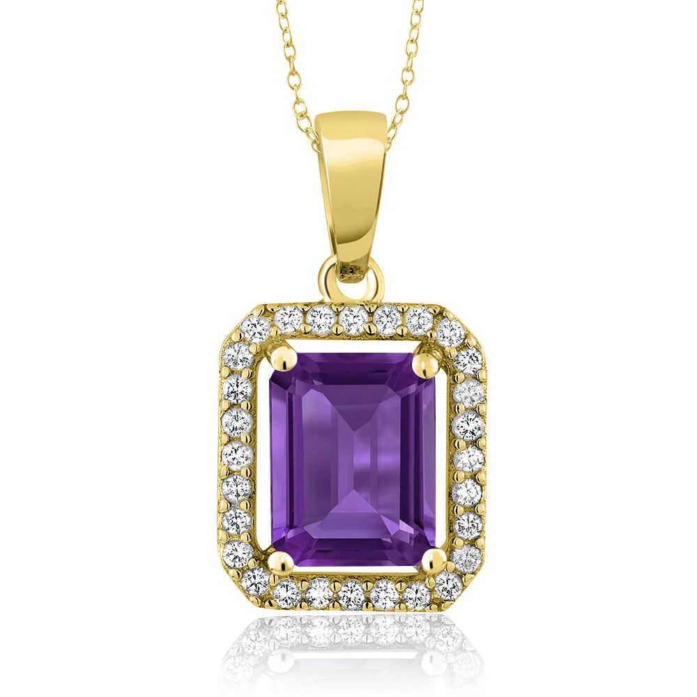Gem Stone King 18K Yellow Gold Plated Silver Gemstone Birthstone Halo Necklace | Emerald Cut 9X7MM | Halo Pendant Necklace for Women | with 18 Inch Silver Chain