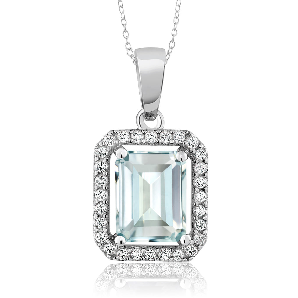 Gem Stone King 2-4 Cttw Halo Pendant Necklace for Women | 925 Sterling Silver | Gemstone Birthstone Halo Necklace | Emerald Cut 9X7MM | With 18 Inch Silver Chain