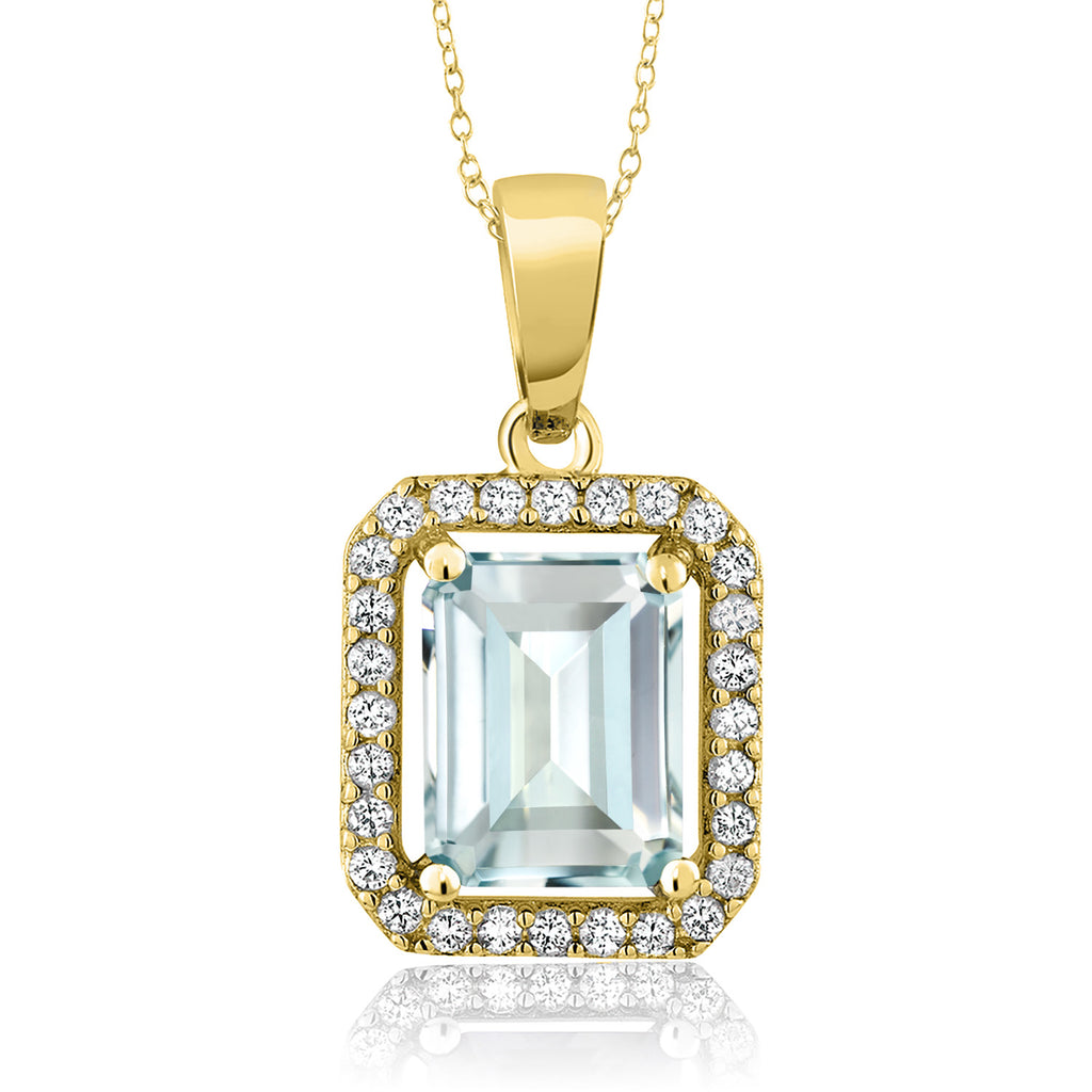 Gem Stone King 18K Yellow Gold Plated Silver Gemstone Birthstone Halo Necklace | Emerald Cut 9X7MM | Halo Pendant Necklace for Women | with 18 Inch Silver Chain