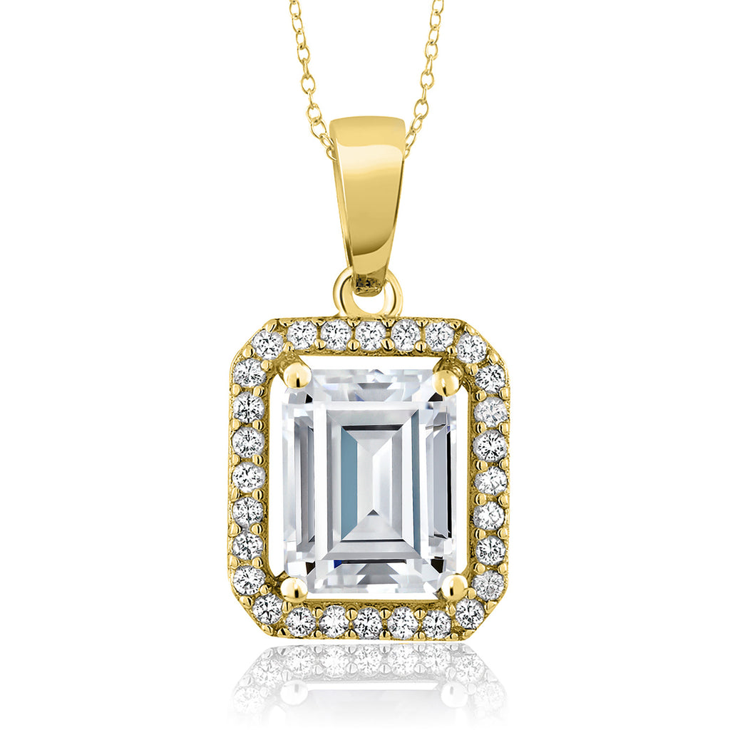 Gem Stone King 18K Yellow Gold Plated Silver Gemstone Birthstone Halo Necklace | Emerald Cut 9X7MM | Halo Pendant Necklace for Women | with 18 Inch Silver Chain