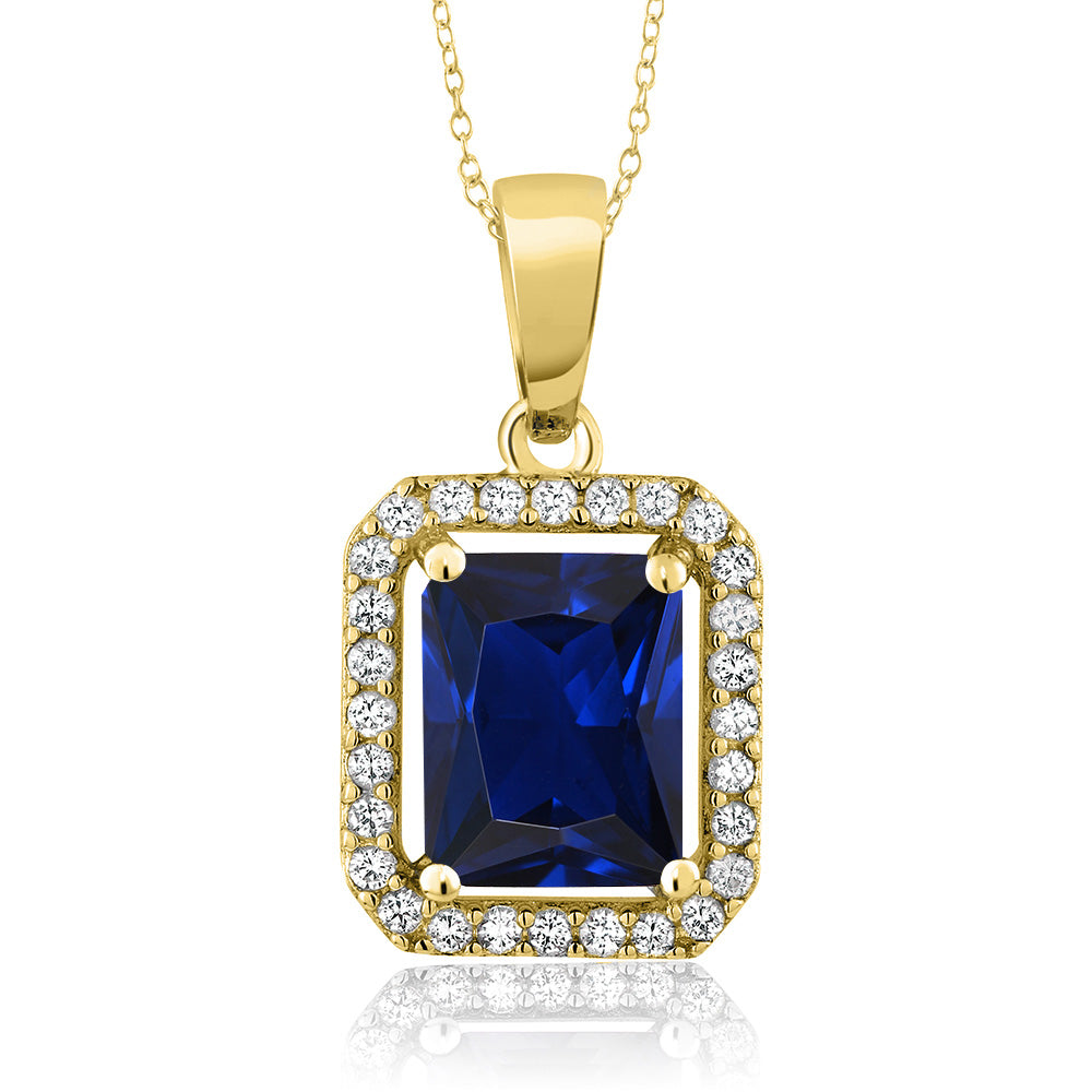 Gem Stone King 18K Yellow Gold Plated Silver Gemstone Birthstone Halo Necklace | Emerald Cut 9X7MM | Halo Pendant Necklace for Women | with 18 Inch Silver Chain