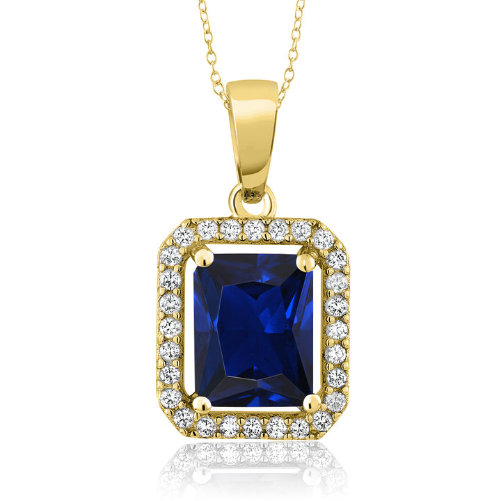 Gem Stone King 18K Yellow Gold Plated Silver Gemstone Birthstone Halo Necklace | Emerald Cut 9X7MM | Halo Pendant Necklace for Women | with 18 Inch Silver Chain