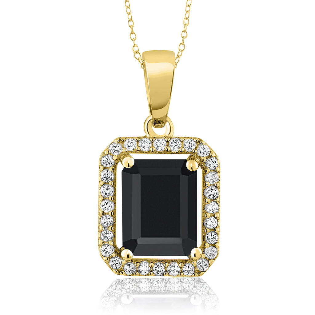 Gem Stone King 18K Yellow Gold Plated Silver Gemstone Birthstone Halo Necklace | Emerald Cut 9X7MM | Halo Pendant Necklace for Women | with 18 Inch Silver Chain