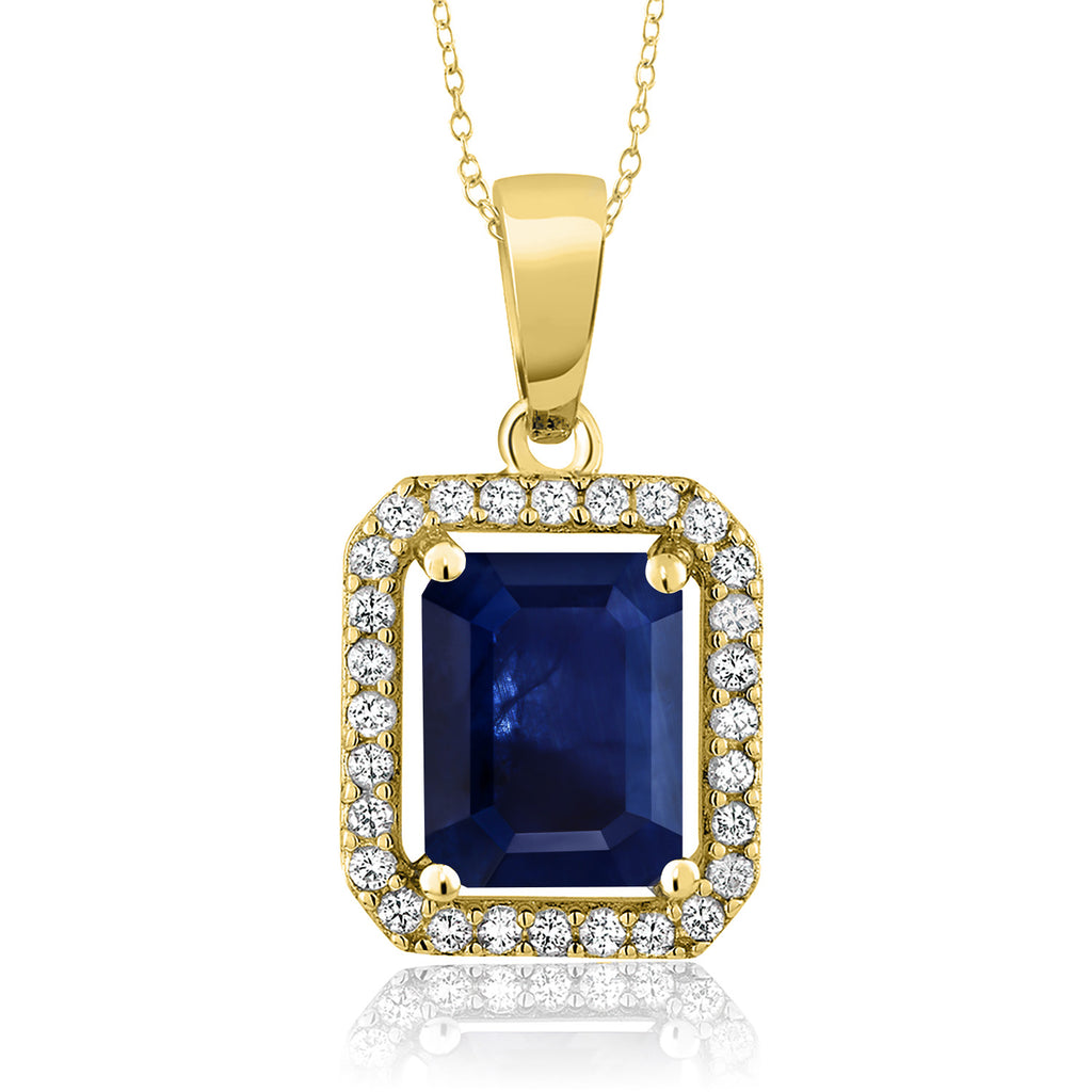 Gem Stone King 18K Yellow Gold Plated Silver Gemstone Birthstone Halo Necklace | Emerald Cut 9X7MM | Halo Pendant Necklace for Women | with 18 Inch Silver Chain