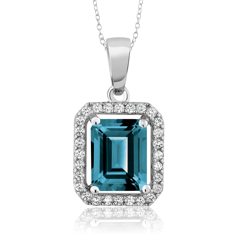 Gem Stone King 2-4 Cttw Halo Pendant Necklace for Women | 925 Sterling Silver | Gemstone Birthstone Halo Necklace | Emerald Cut 9X7MM | With 18 Inch Silver Chain