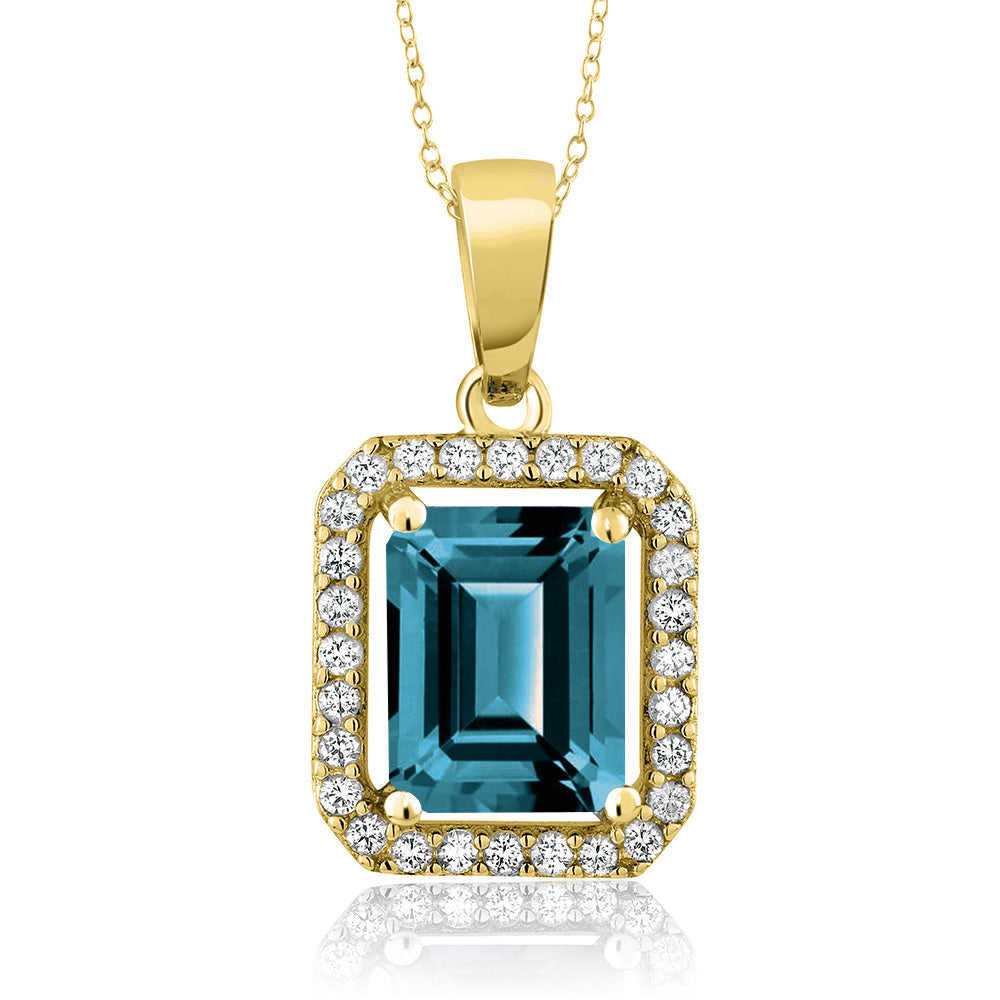 Gem Stone King 18K Yellow Gold Plated Silver Gemstone Birthstone Halo Necklace | Emerald Cut 9X7MM | Halo Pendant Necklace for Women | with 18 Inch Silver Chain