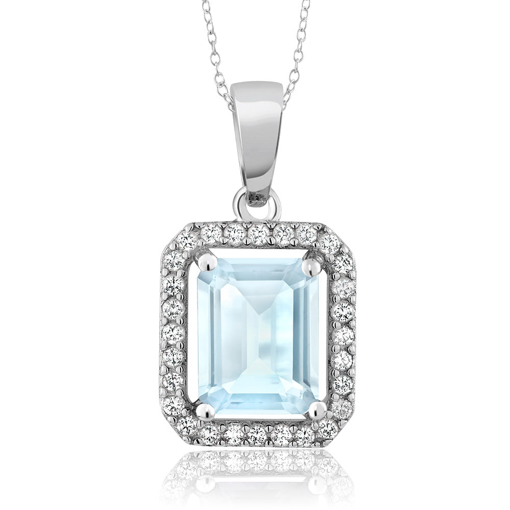 Gem Stone King 2-4 Cttw Halo Pendant Necklace for Women | 925 Sterling Silver | Gemstone Birthstone Halo Necklace | Emerald Cut 9X7MM | With 18 Inch Silver Chain