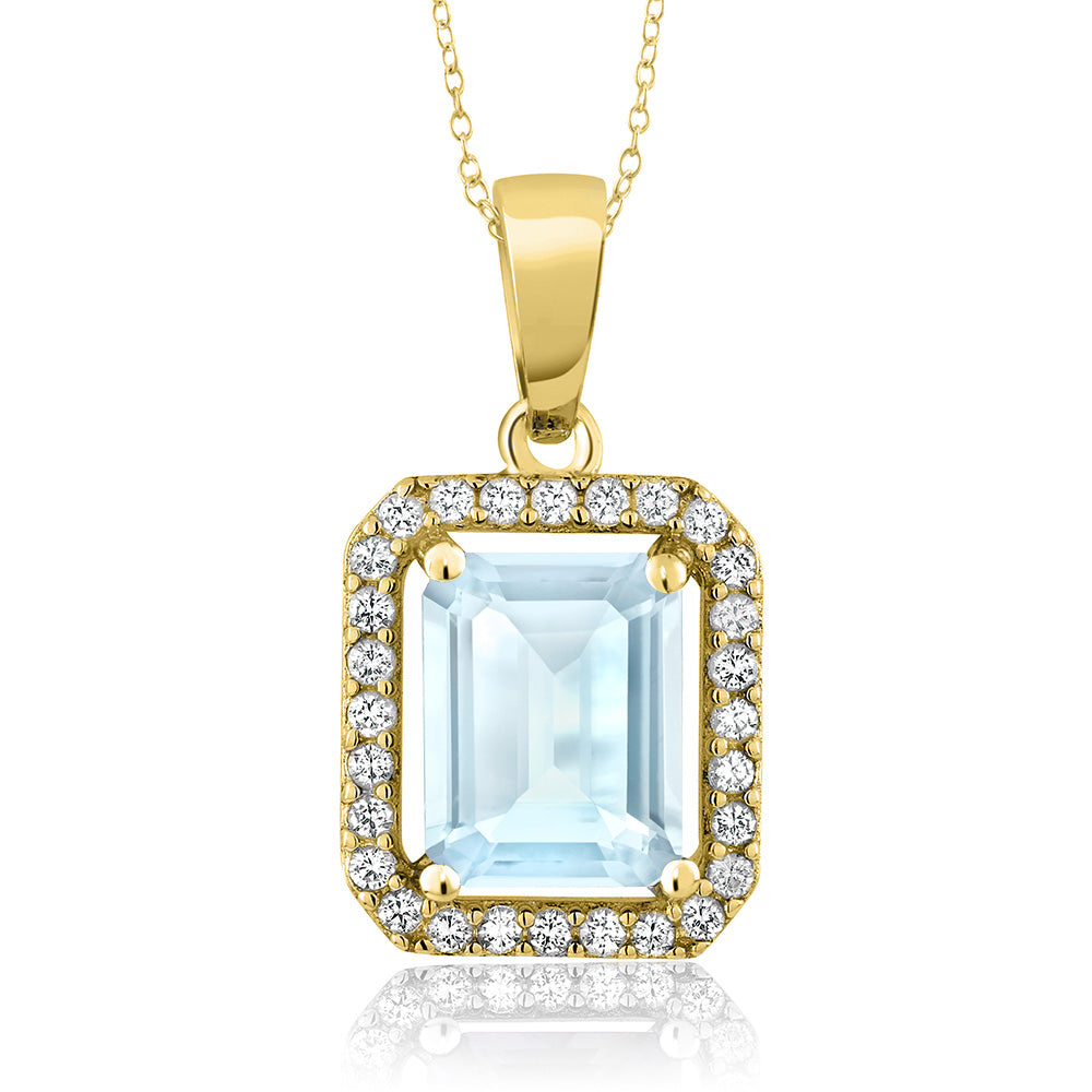 Gem Stone King 18K Yellow Gold Plated Silver Gemstone Birthstone Halo Necklace | Emerald Cut 9X7MM | Halo Pendant Necklace for Women | with 18 Inch Silver Chain