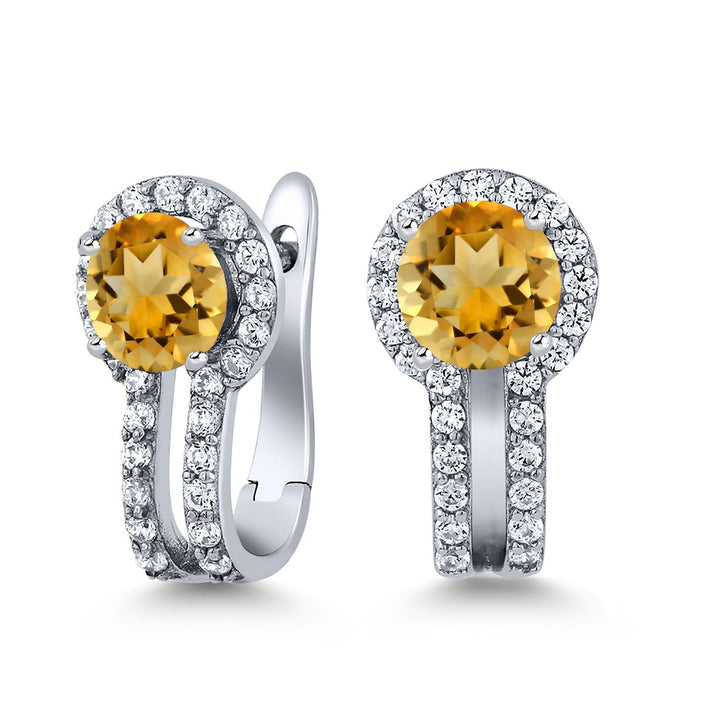 Gem Stone King 925 Silver Round Gemstone Dangle Earrings for Women | Round 5x5mm | White 0.50 Cttw Created Accents | 4-Prong, Hinge with Notched Post | 1.70 Cttw | Natural Gemstone