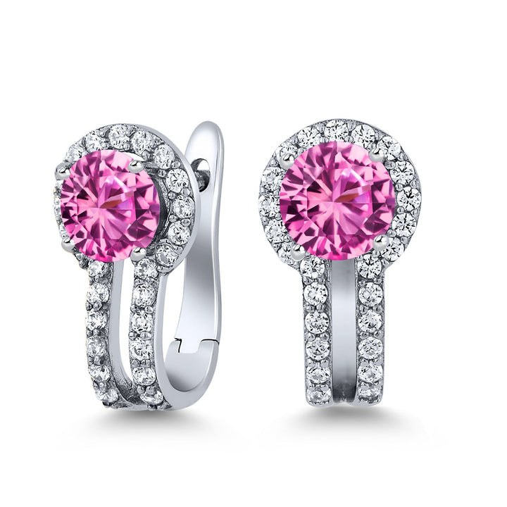 Gem Stone King 925 Silver Round Gemstone Dangle Earrings for Women | Round 5x5mm | White 0.50 Cttw Created Accents | 4-Prong, Hinge with Notched Post | 1.70 Cttw | Natural Gemstone