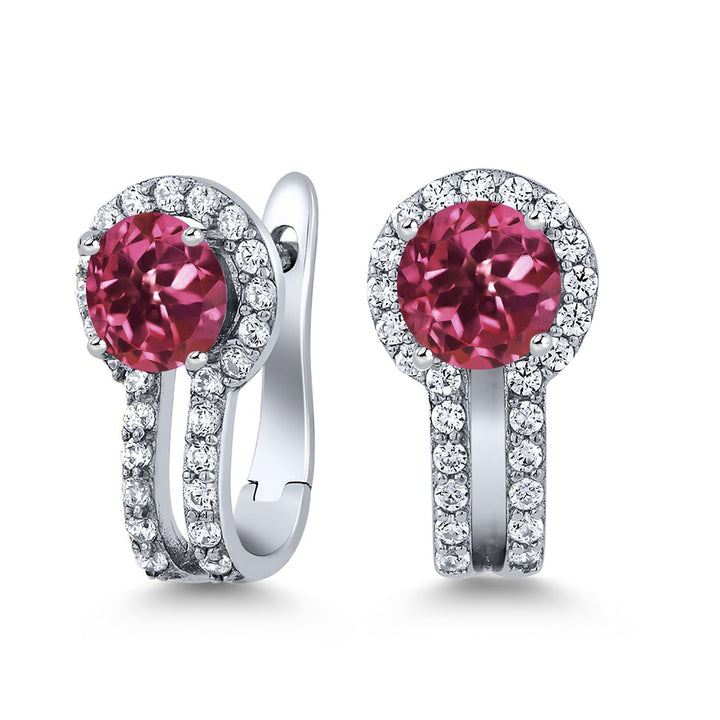 Gem Stone King 925 Silver Round Gemstone Dangle Earrings for Women | Round 5x5mm | White 0.50 Cttw Created Accents | 4-Prong, Hinge with Notched Post | 1.70 Cttw | Natural Gemstone