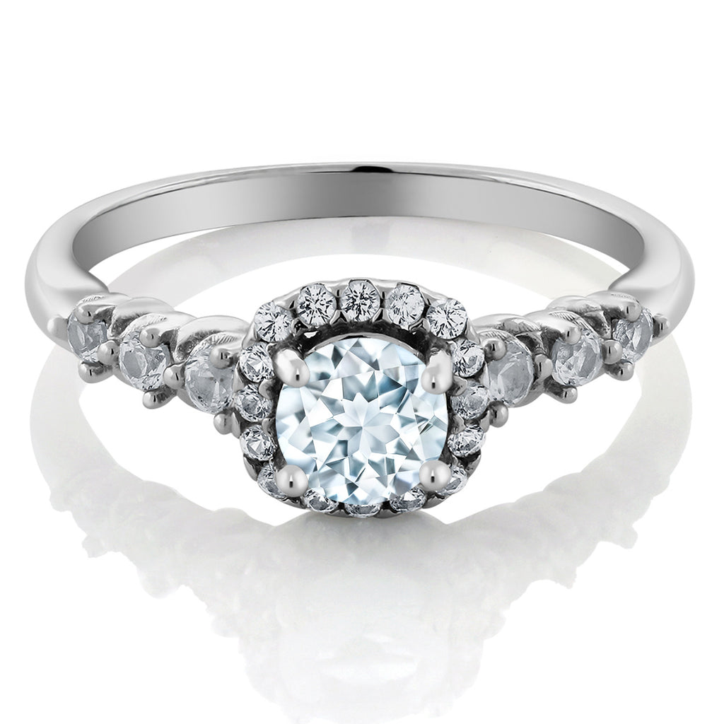 Aquamarine and Created Sapphire_7_Ring in 925 Sterling Silver