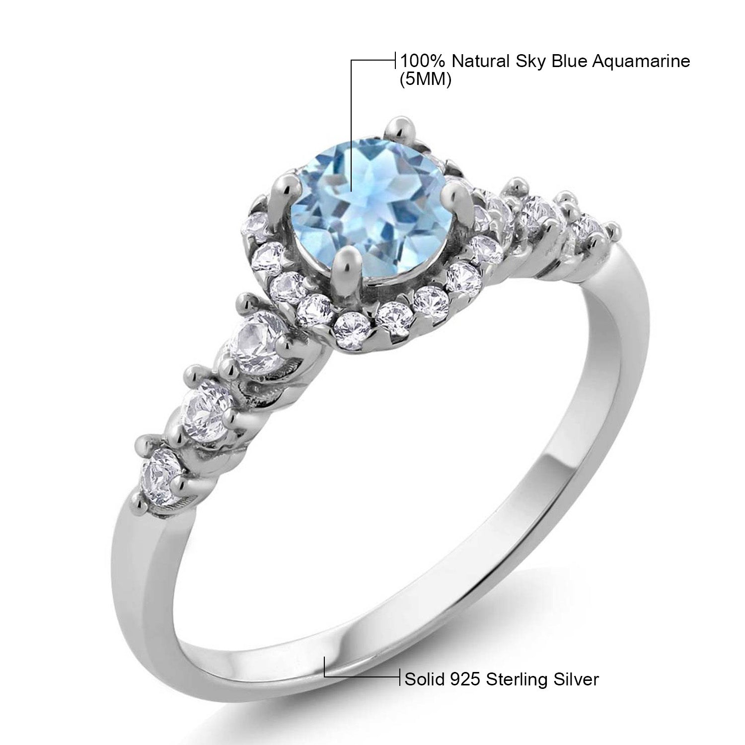 925 Sterling Silver Aquamarine and White Topaz Engagement Ring For Women | 0.87 Cttw | Gemstone Birthstone | Available 5,6,7,8,9