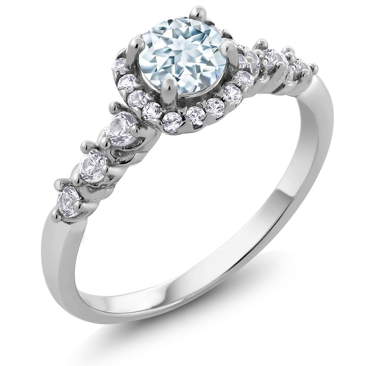 Aquamarine and Created Sapphire_7_Ring in 925 Sterling Silver