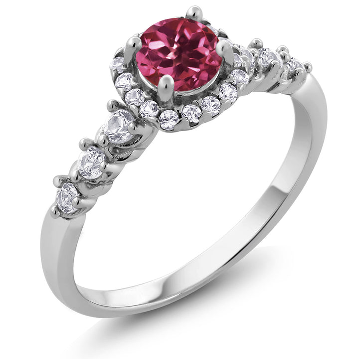 925 Sterling Silver Pink Tourmaline and White Created Sapphire Ring For Women (0.92 Cttw, Round 5MM, Gemstone Birthstone, Available In Size 5, 6, 7, 8, 9)