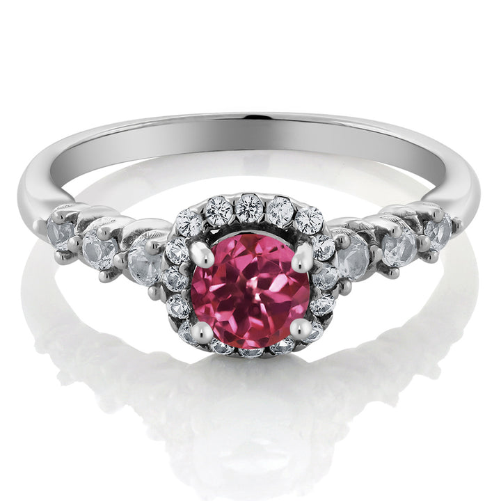 925 Sterling Silver Pink Tourmaline and White Created Sapphire Ring For Women (0.92 Cttw, Round 5MM, Gemstone Birthstone, Available In Size 5, 6, 7, 8, 9)