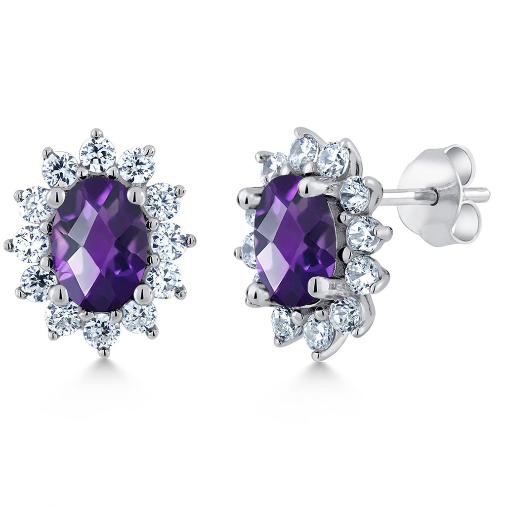 Gem Stone King 7X5MM Oval Gemstone Birthstone Stud Earrings For Women | Princess Diana Royal Halo Style | 925 Sterling Silver | Fine Jewelry Gifts for Anniversary Wedding Her Mom Women Wife