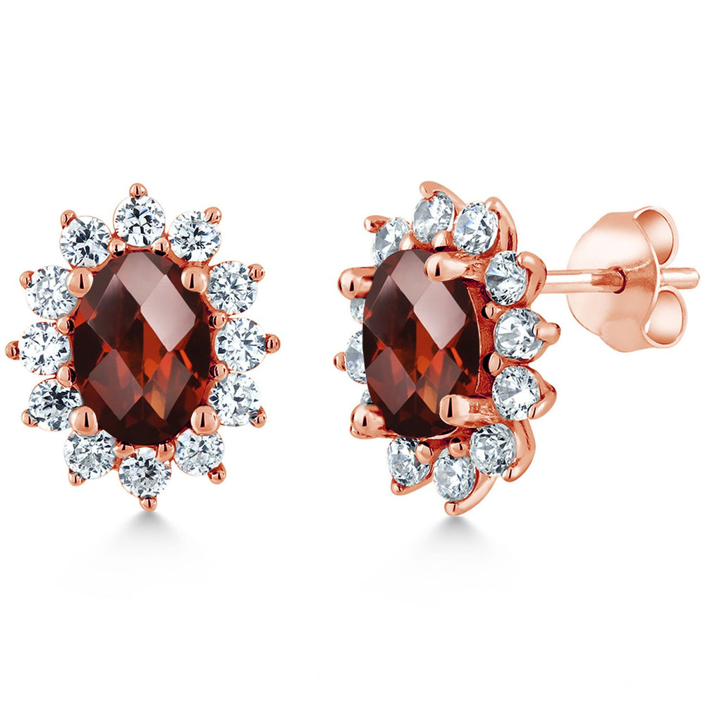 Gem Stone King 18K Rose Gold Plated Silver Oval 7X5MM Gemstone Birthstone Stud Earrings Princess Diana Royal Halo Style For Women Anniversary Wedding Birthday