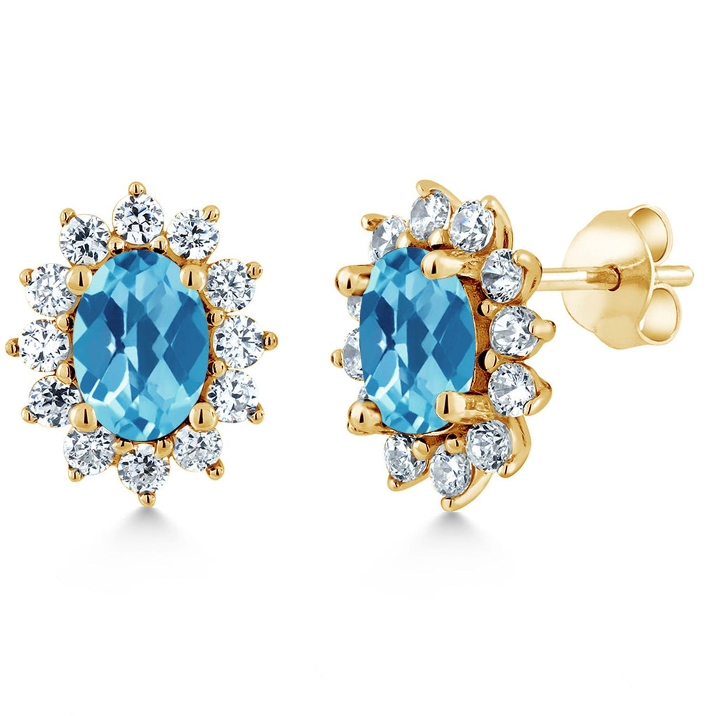 Swiss Blue Topaz Checkerboard_Earrings in 925 Yellow Gold Plated Silver