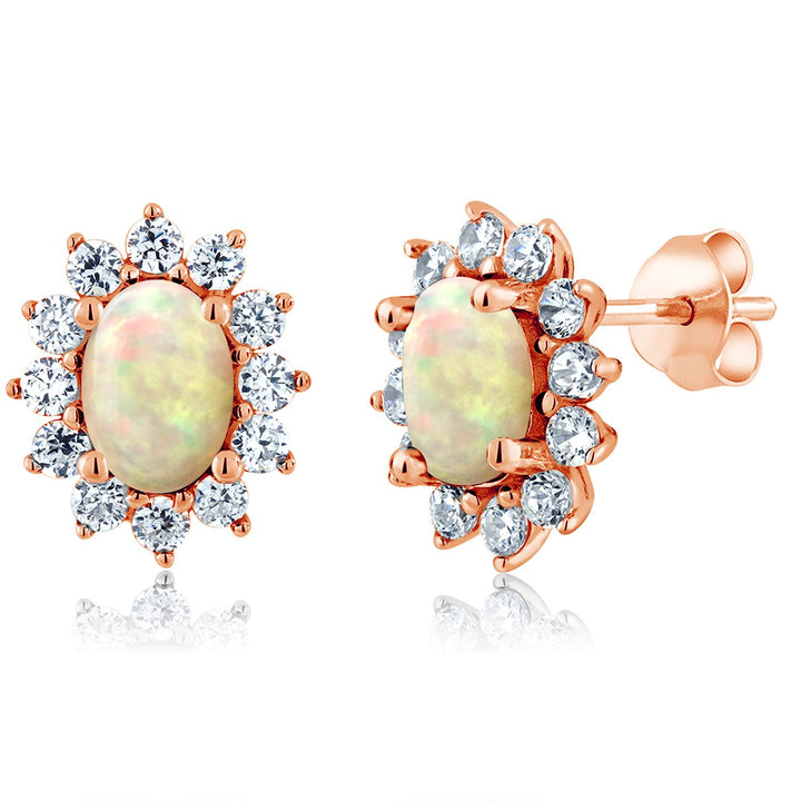 Gem Stone King 18K Rose Gold Plated Silver Oval 7X5MM Gemstone Birthstone Stud Earrings Princess Diana Royal Halo Style For Women Anniversary Wedding Birthday