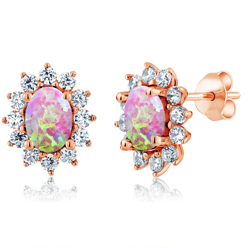 Gem Stone King 18K Rose Gold Plated Silver Oval 7X5MM Gemstone Birthstone Stud Earrings Princess Diana Royal Halo Style For Women Anniversary Wedding Birthday