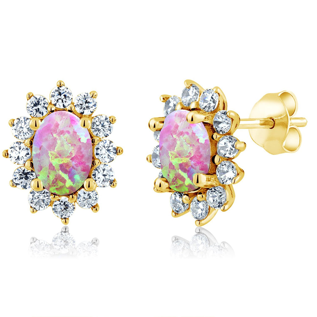Gem Stone King 18K Yellow Gold Plated Silver Halo Stud Earrings For Women | Oval 7X5MM | Gemstone Birthstone | Princess Diana Royal Anniversary Wedding Birthday Fine Jewelry Gifts for Mom Wife Her