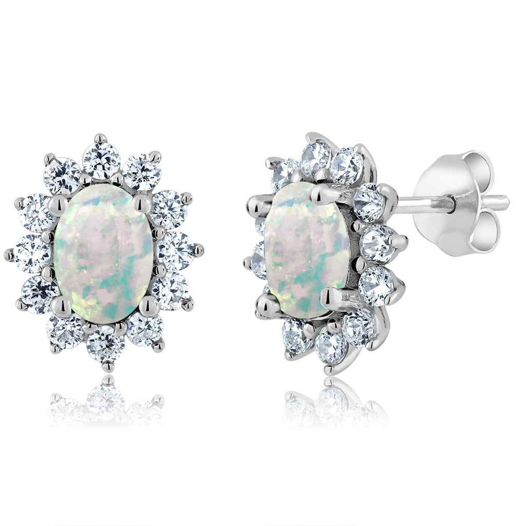 Gem Stone King 7X5MM Oval Gemstone Birthstone Stud Earrings For Women | Princess Diana Royal Halo Style | 925 Sterling Silver | Fine Jewelry Gifts for Anniversary Wedding Her Mom Women Wife