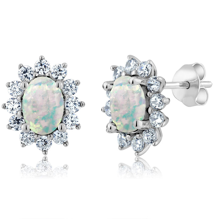 Gem Stone King 7X5MM Oval Gemstone Birthstone Stud Earrings For Women | Princess Diana Royal Halo Style | 925 Sterling Silver | Fine Jewelry Gifts for Anniversary Wedding Her Mom Women Wife