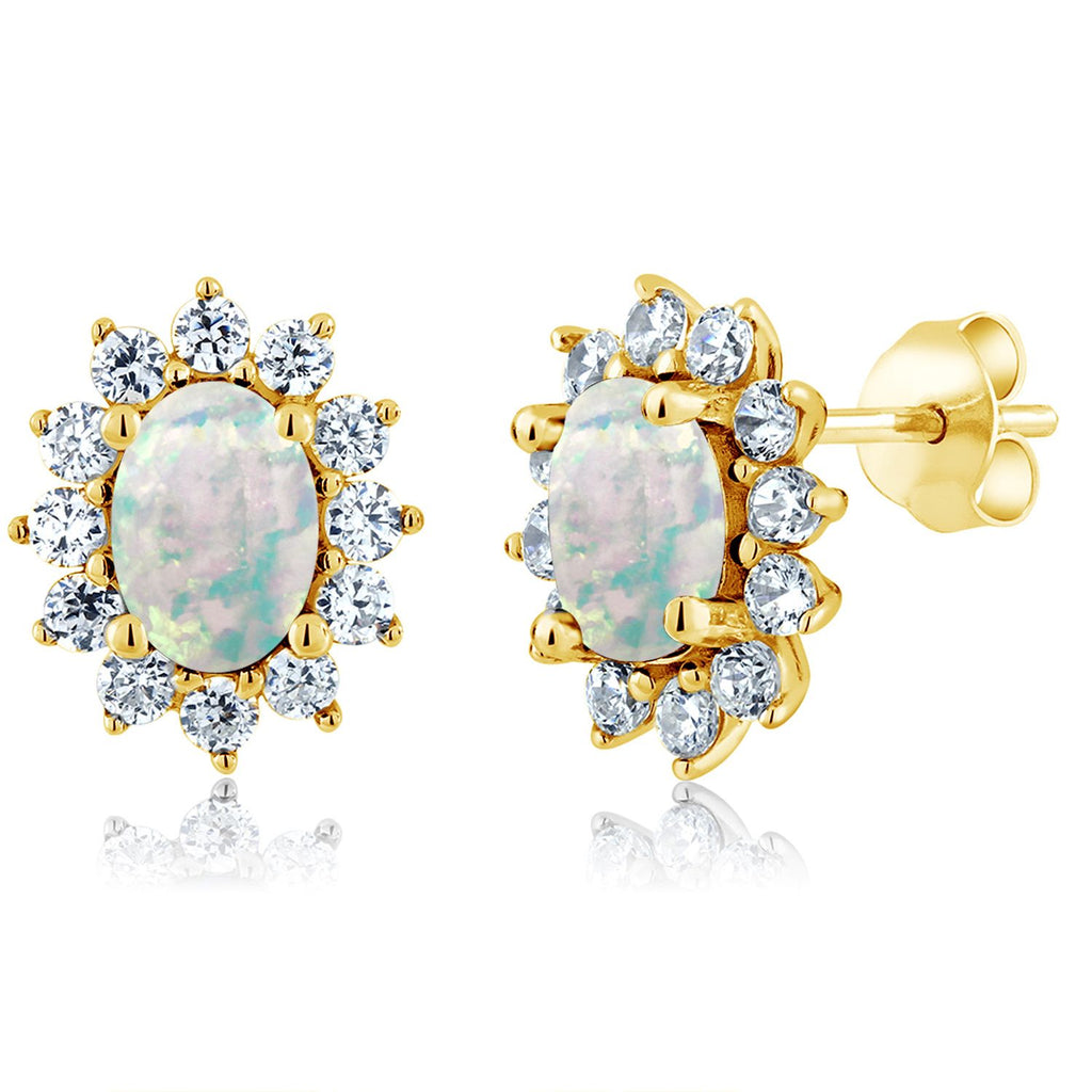 Gem Stone King 18K Yellow Gold Plated Silver Halo Stud Earrings For Women | Oval 7X5MM | Gemstone Birthstone | Princess Diana Royal Anniversary Wedding Birthday Fine Jewelry Gifts for Mom Wife Her