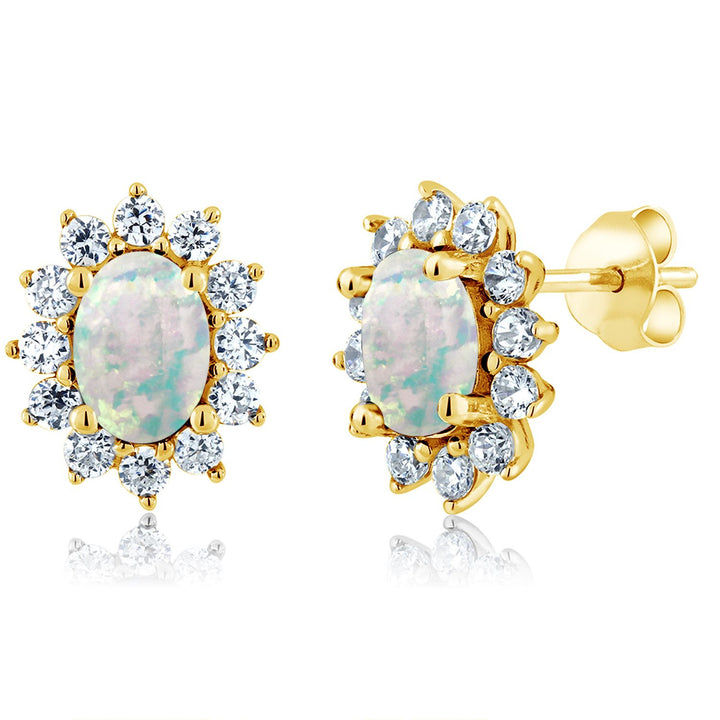 Gem Stone King 18K Yellow Gold Plated Silver Halo Stud Earrings For Women | Oval 7X5MM | Gemstone Birthstone | Princess Diana Royal Anniversary Wedding Birthday Fine Jewelry Gifts for Mom Wife Her