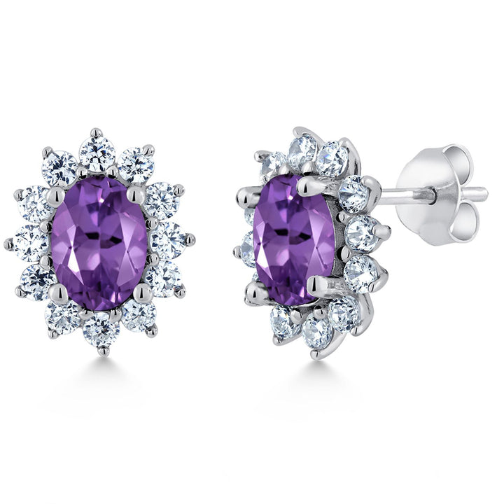 Gem Stone King 7X5MM Oval Gemstone Birthstone Stud Earrings For Women | Princess Diana Royal Halo Style | 925 Sterling Silver | Fine Jewelry Gifts for Anniversary Wedding Her Mom Women Wife