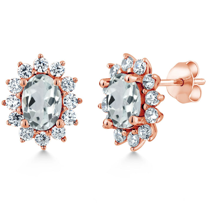 Gem Stone King 18K Rose Gold Plated Silver Oval 7X5MM Gemstone Birthstone Stud Earrings Princess Diana Royal Halo Style For Women Anniversary Wedding Birthday