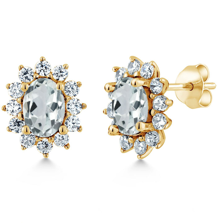 Gem Stone King 18K Yellow Gold Plated Silver Halo Stud Earrings For Women | Oval 7X5MM | Gemstone Birthstone | Princess Diana Royal Anniversary Wedding Birthday Fine Jewelry Gifts for Mom Wife Her