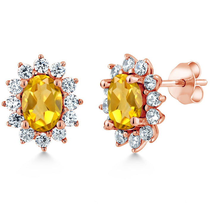 Gem Stone King 18K Rose Gold Plated Silver Oval 7X5MM Gemstone Birthstone Stud Earrings Princess Diana Royal Halo Style For Women Anniversary Wedding Birthday