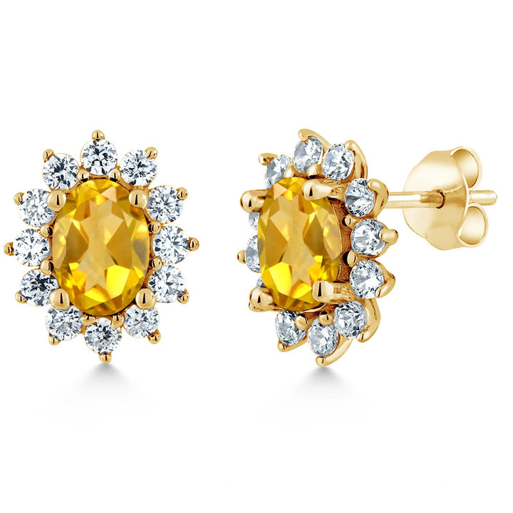 Gem Stone King 18K Yellow Gold Plated Silver Halo Stud Earrings For Women | Oval 7X5MM | Gemstone Birthstone | Princess Diana Royal Anniversary Wedding Birthday Fine Jewelry Gifts for Mom Wife Her