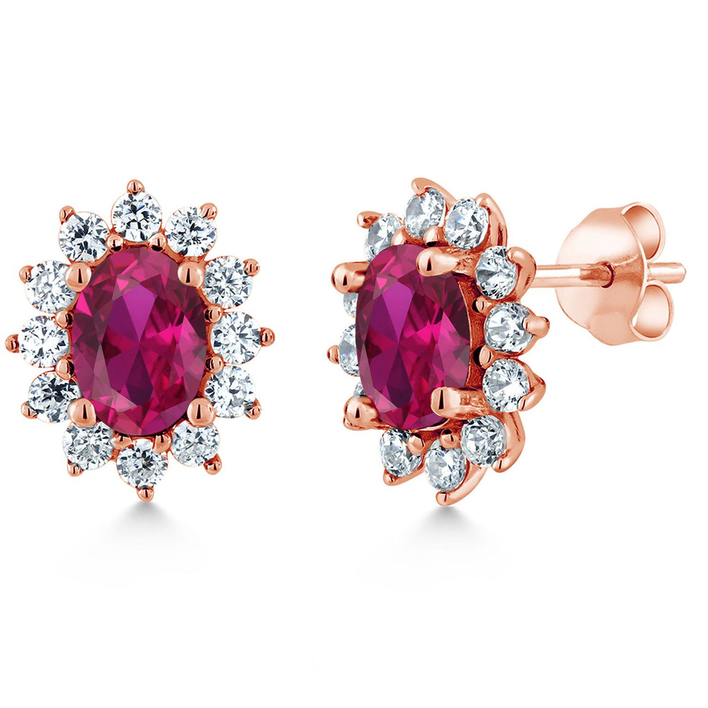 Gem Stone King 18K Rose Gold Plated Silver Oval 7X5MM Gemstone Birthstone Stud Earrings Princess Diana Royal Halo Style For Women Anniversary Wedding Birthday